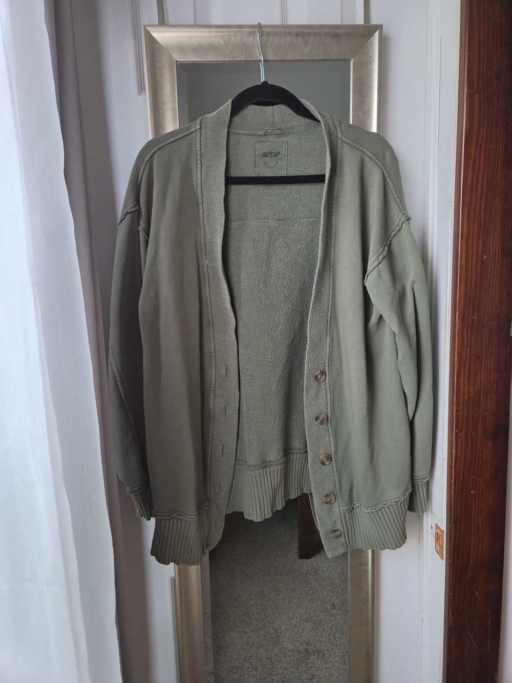 aerie Olive Green Open-Front Button Cardigan
